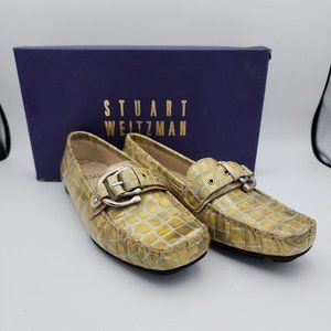 STUART WEITZMAN LOAFERS GOLD/BEIGE CROCODILE PATENT LEATHER BUCKLE SIZE 5.5